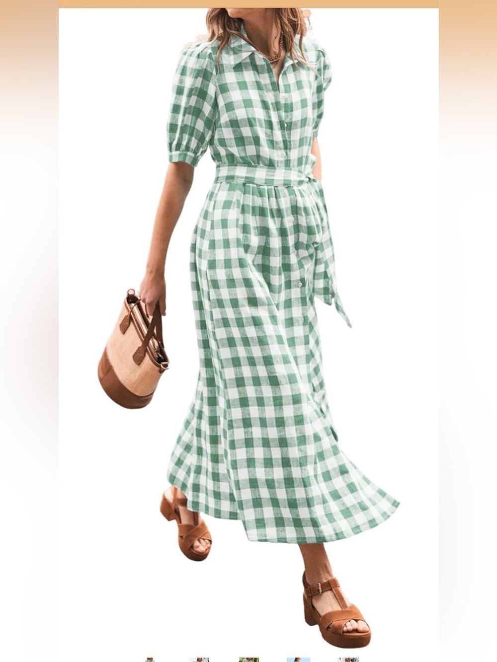 Green & White Gingham Button-Front Midi Dress